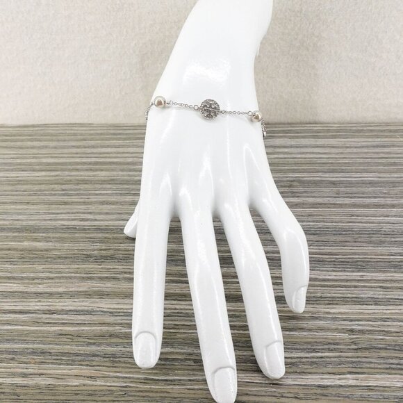 Tory Burch Crystal Logo & Imitation Pearl Station Bracelet Silver OS - Picture 8 of 15